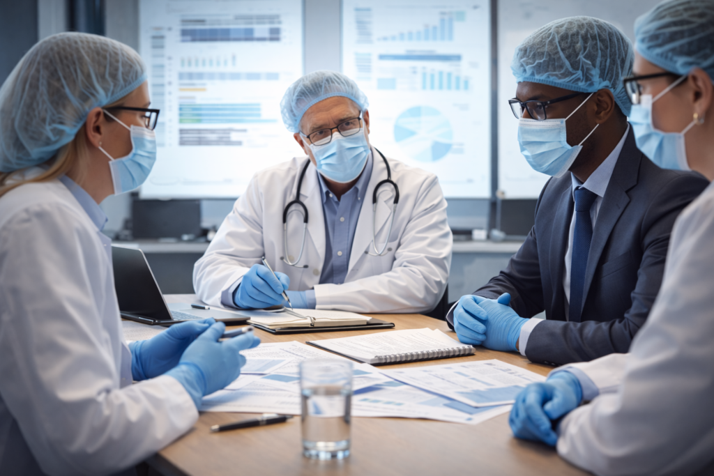 Clinical regulatory and quality assurance professionals reviewing compliance documentation