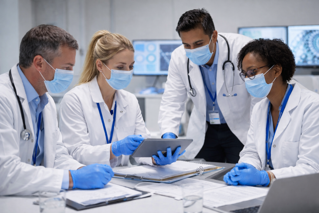Clinical research professionals reviewing clinical trial data with protective masks and gloves in a laboratory environment